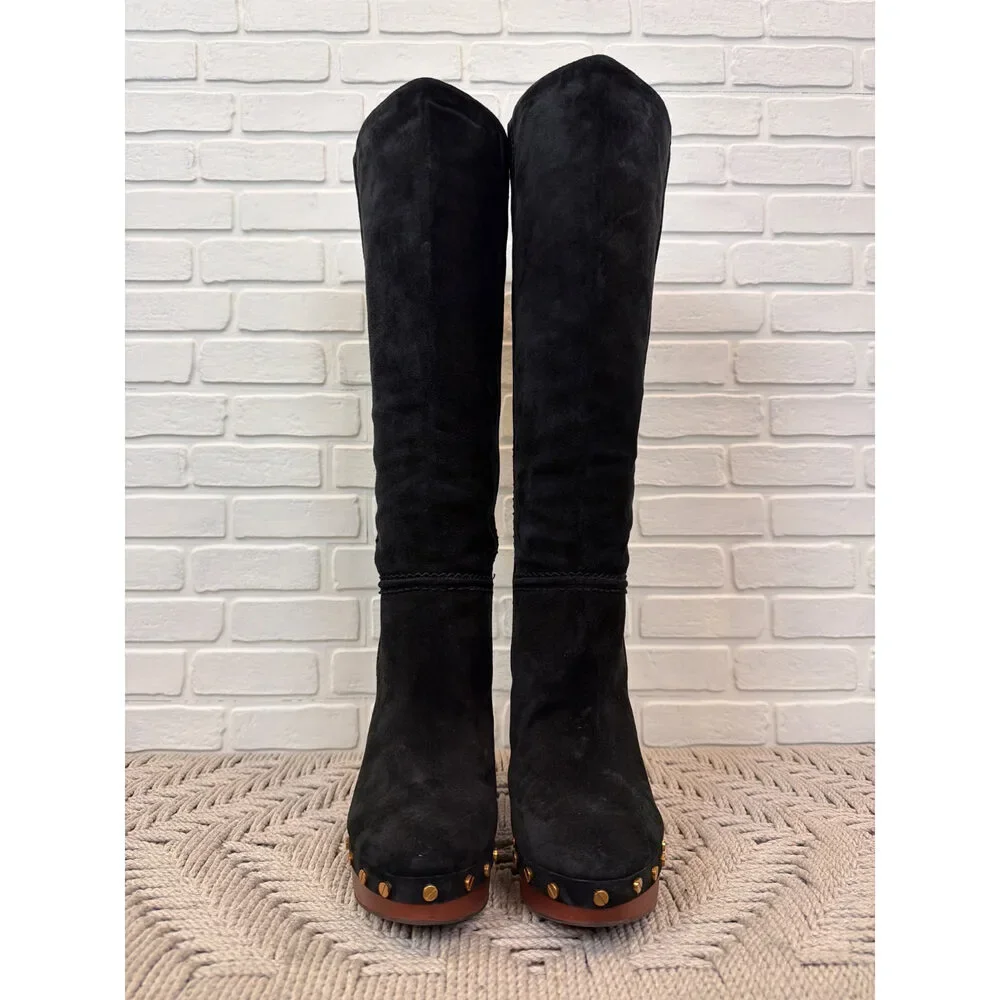 Veronica Beard Black Suede Studded Wooden Platform Clog Boots 8.5